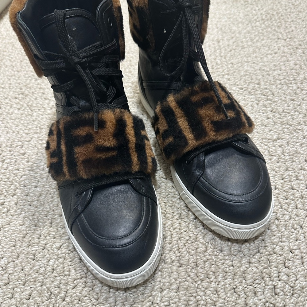 Woman’s Fendi Black Leather High-Top Sneakers with Brown Faux Fur Accent